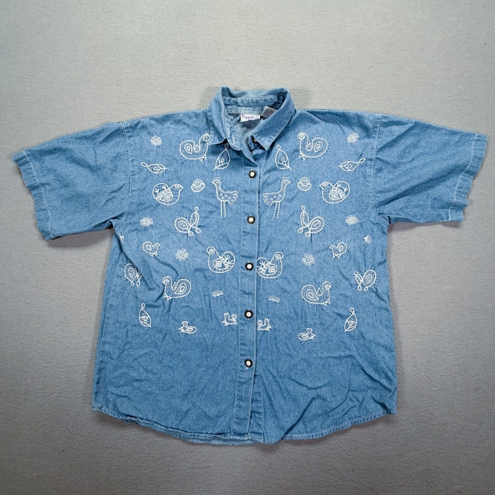 Freestyle Women Button Down Relaxed Blue‎ Vintage Embroidered Denim Bird Shirt M